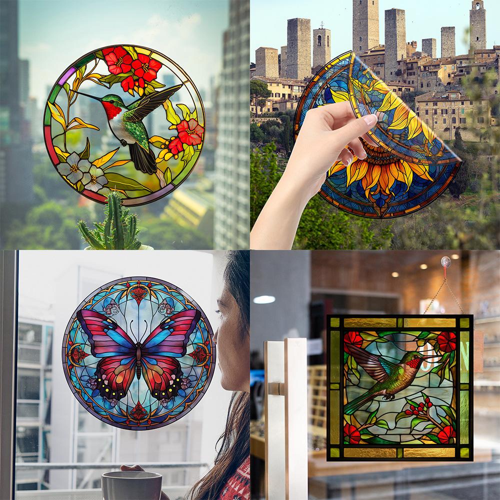 Retro Colorful Hummingbird Iris Window Glass Electrostatic Sticker Detachable Decorative Film Home Decoration