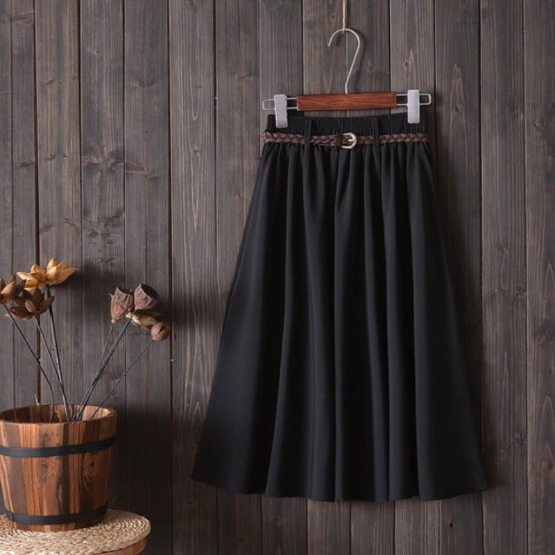 Women Summer Midi Knee Length Skirt Korean Ladies High Waist Pleated A-line School Skirt Female