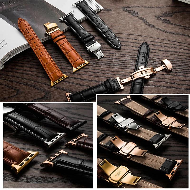 Leather Watchbands for Apple Watch Series 7 45mm 41mm Watch Band for Iwatch 6 5 4 SE 44mm 40mm 42mm 38mm Strap Butterfly Buckle