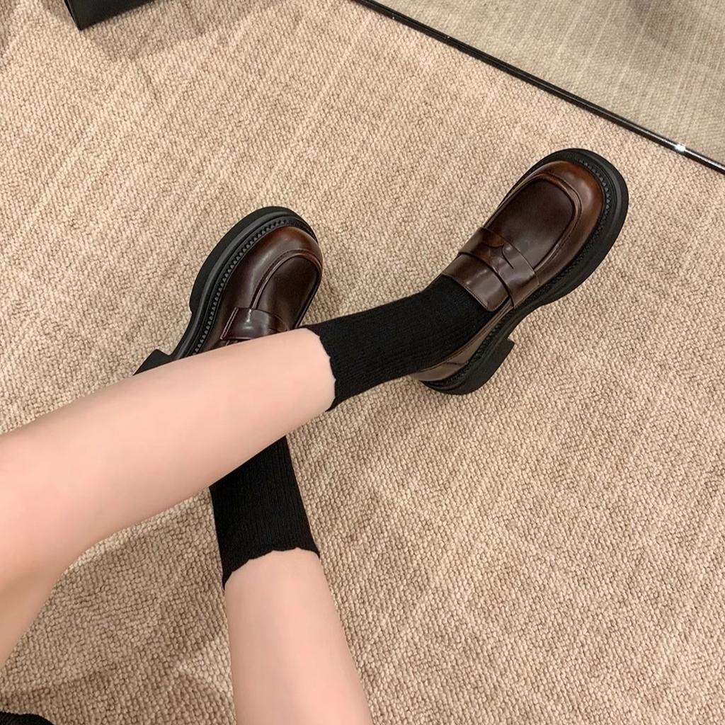 Spot Second Hair! Fashion Versatile New British Style Retro Polished Color Round Head Thick Heel One Pedal Loafers