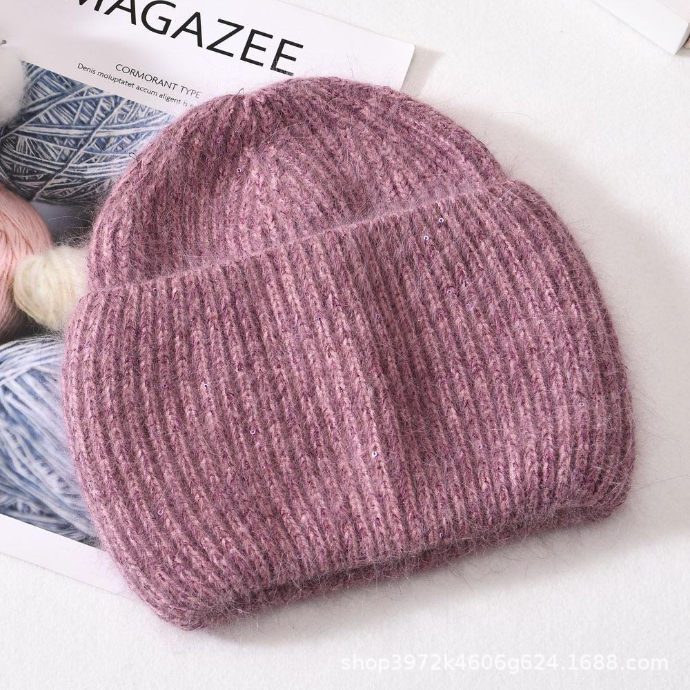 Autumn/Winter New Angora Long Plush Rabbit Fur Knit Hat, Casual Belt with Small Sequins, Warm, Thickened, Couple's Knit Hat