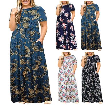 Übergröße Damen Freizeitkleid mit O-Ausschnitt Sommer Kurzarm Print Locker Tasche Langes Kleid