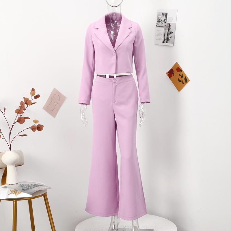 

Элегантный короткий топ с брюками, женский весенний укороченный топ с длинным рукавом и пуговицами, женский комплект, широкие брюки, наряд S розовый