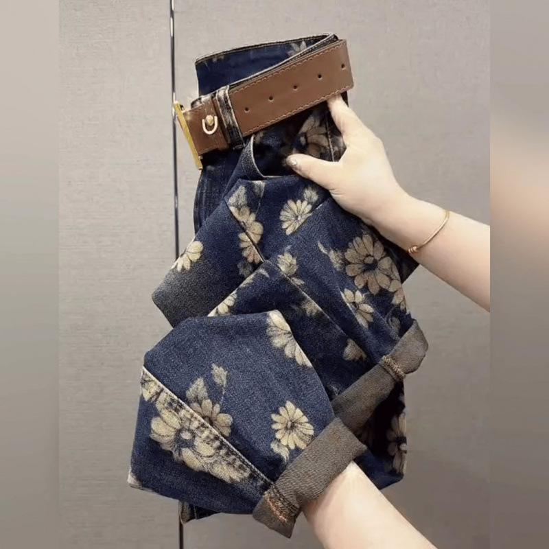 Women's Vintage Floral High-Waist Harem Jeans - 2025 Spring Collection