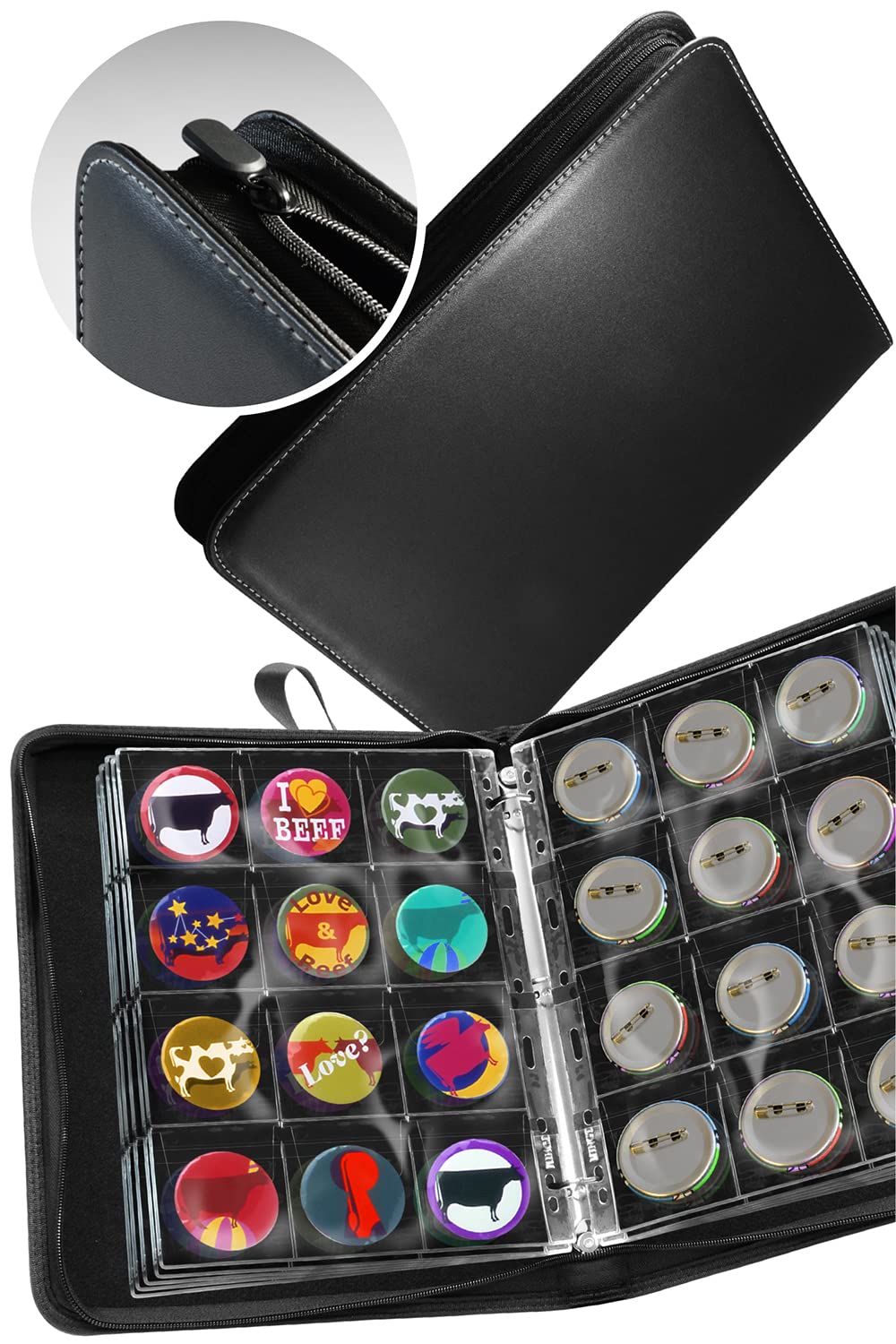 

ETLIFE Хранение значков 57 мм Полное покрытие Большая вместимость 120 значков Коллекционный файл из ПУ кожи Альбом для монет [Надежное хранение] (черный) чёрный