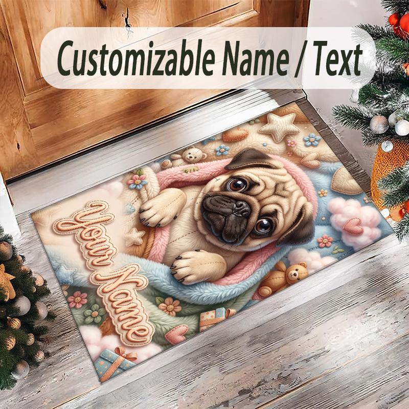 Pug Theme Crystal Velvet Floor Rug Personalized Custom Name Text Warm Carpet Home Decoration