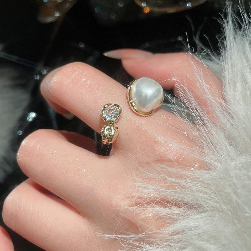 Cold wind zircon pearl opening ring Korean elegant temperament versatile index finger ring light luxury high-end jewelry women
