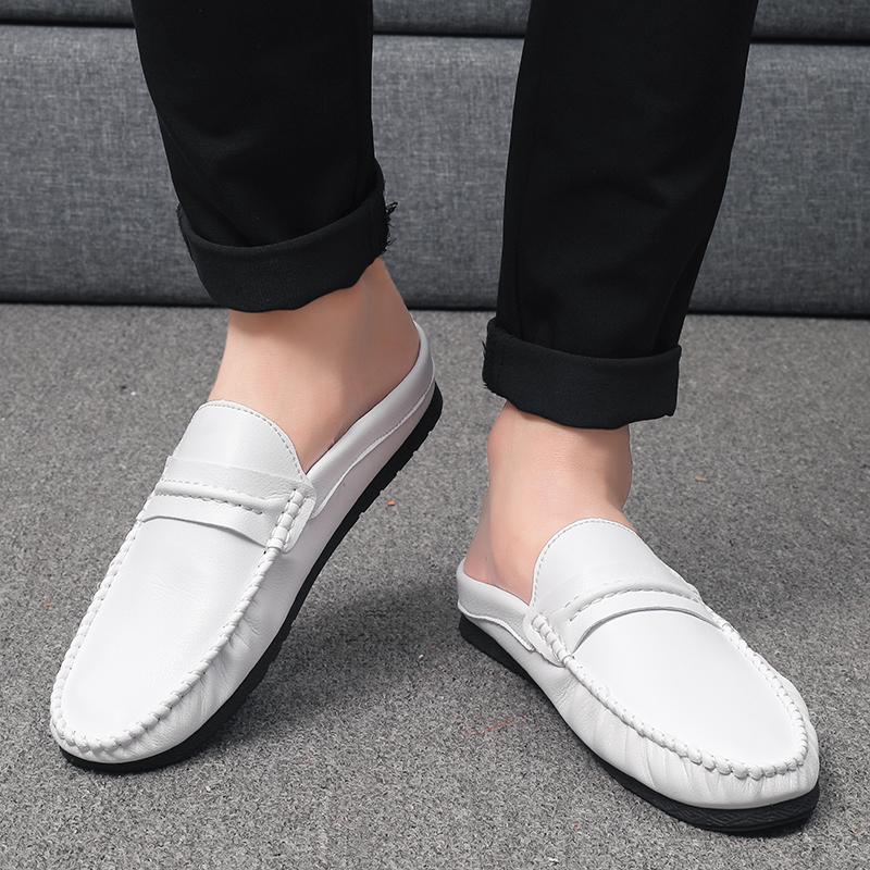 Summer Men'S Half Slippers Leather Slip On Shoes Lightweight Male Flats Casual Mules Moccasins Breathable Open-Back Loafers