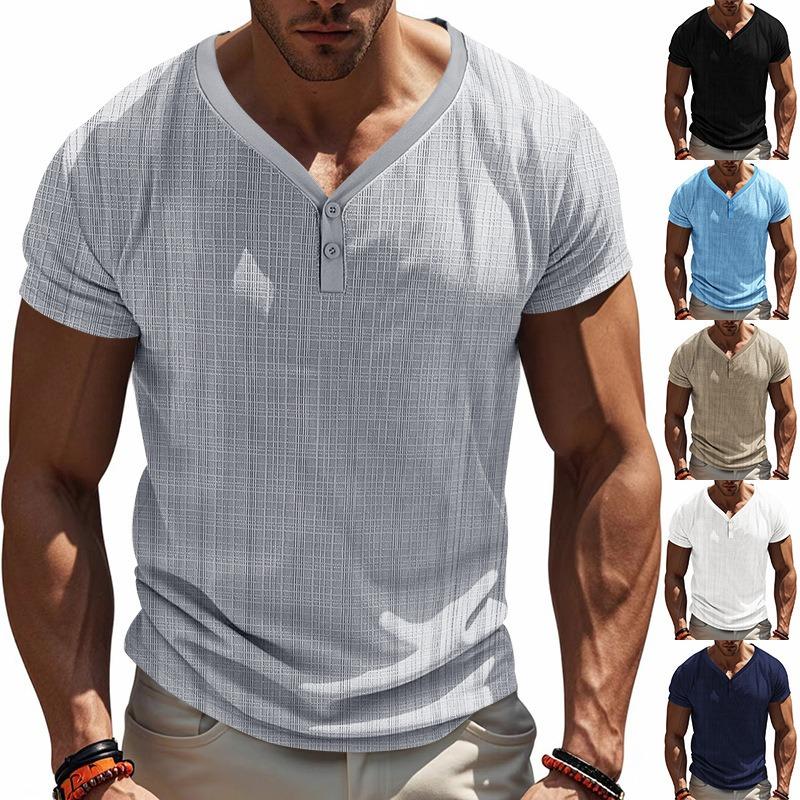 Mens American Style Casual Loose Breathable Short Sleeve Henley T Shirt