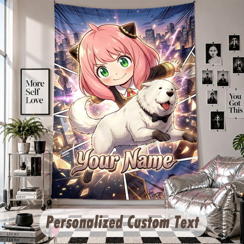 Wall Hanging Tapestry With Custom Name & Text, Spy × Family Decorative Tapestry For Bedroom