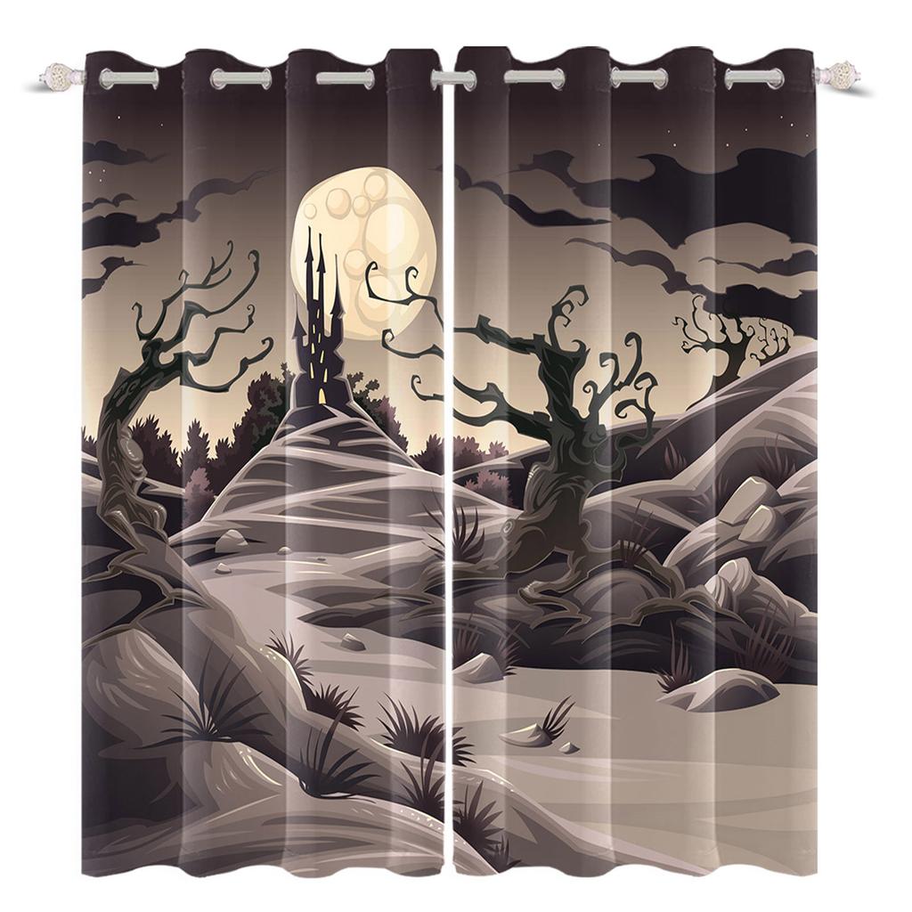 2pcs/set Horror Halloween Window Curtain Full Moon Night Tomb Iron Gate Back Room Home Bedroom Decor Blackout Polyester Curtains