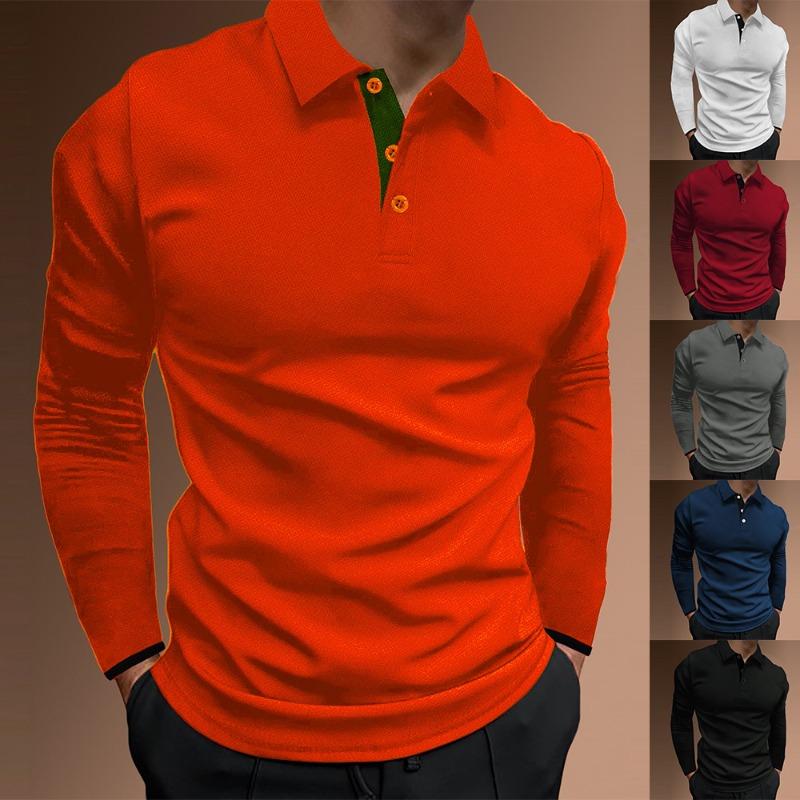 Men's Autumn Sports Fitness Leisure Stand Up Collar Elastic Vertical Stripe Long Sleeved POLO Shirts