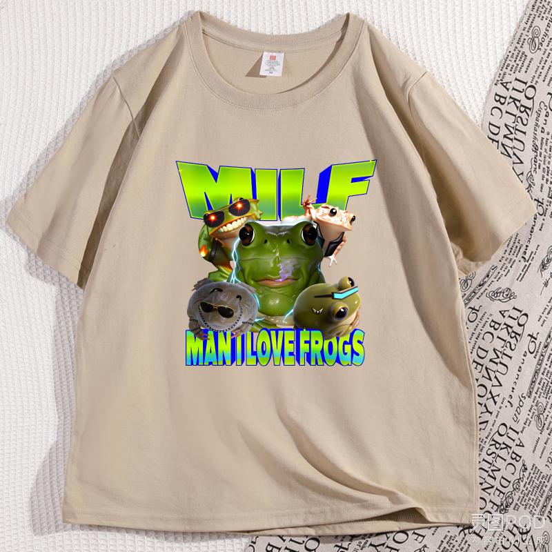 MILF Man I Love Frogs TShirt Funny Frog Meme T Shirt Retro Graphic Tee Y2K Frog Lover Gift Loose Short Sleeve Male Clothing