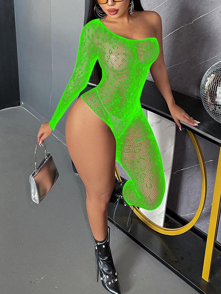 Long-sleeved half-leg romantic lingerie with exposed back, transparent and cut-out, sexy tight-fitting net dress and jumpsuit