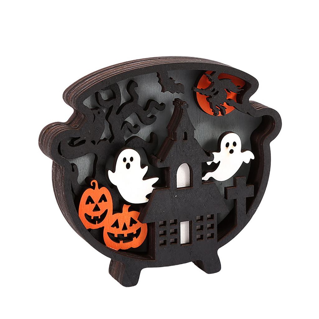 Wooden Halloween Decorative Night Light Sign with 3D Carved Pumpkin Ghost and Haunted House Design for Seasonal Indoor Display