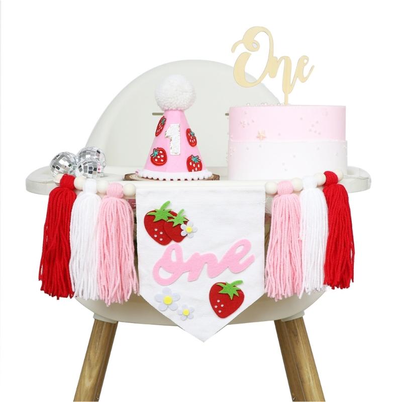 Pink White Birthday Chair Piece for Baby Photo Time, First Birthday Fabric Trim Cloth with Sweet Fruit Theme Today