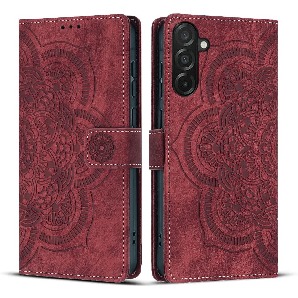 

For Samsung Galaxy A56 5G Leather Case WANLONFENG HDM Series Mandala Imprint Wallet Stand Phone Cover Wine Red