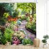 1pc Vibrant Garden Pathway Shower Curtain - Serene Garden Atmosphere with Colorful Flowers, Wooden Gate & Butterfly Sculpture