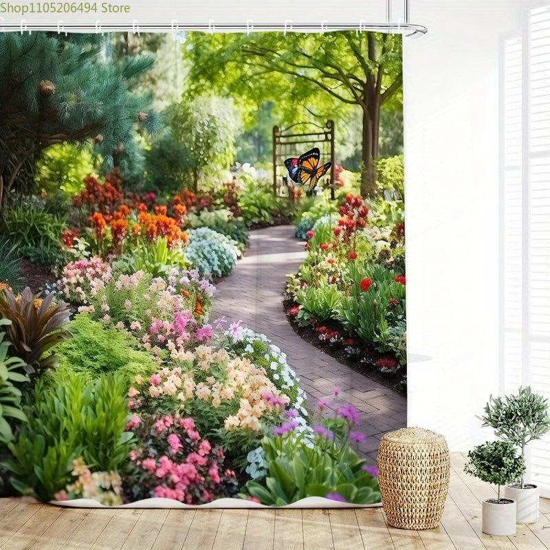 1pc Vibrant Garden Pathway Shower Curtain - Serene Garden Atmosphere with Colorful Flowers, Wooden Gate & Butterfly Sculpture