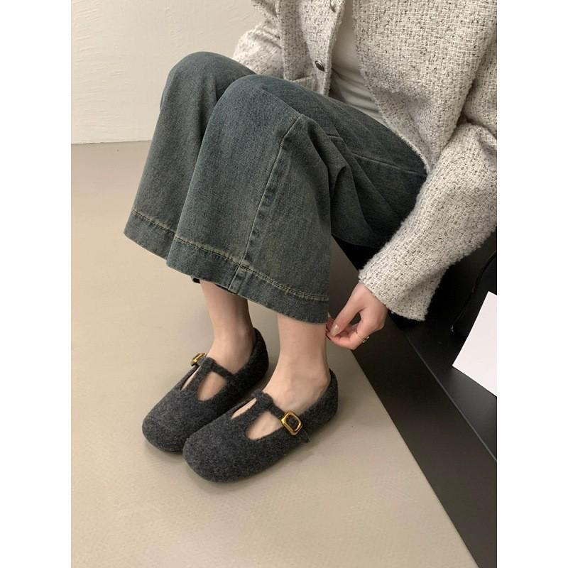 Flat Bottom Shallow Mouth Single Shoes Mary Jane Mao Mao Shoes Autumn Gray Doudou Shoes