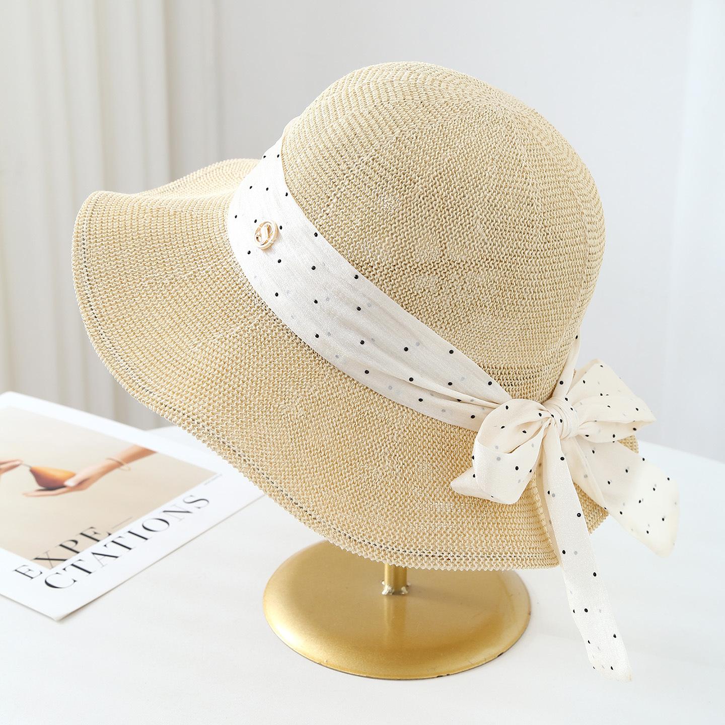 Knitted Fisherman Hat With Polka Bow, Bucket Hat Spring, Summer, Autumn, Windproof, Adult Women S Hat 56-58cm