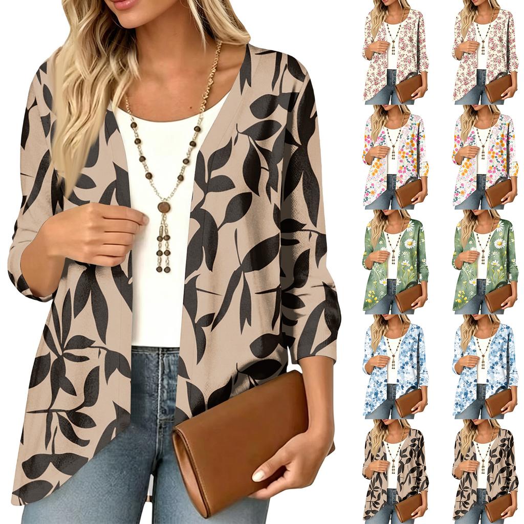 Women's Vintage Floral Print Three-Quarter Sleeve Lightweight Cardigan for Casual Daily Wear