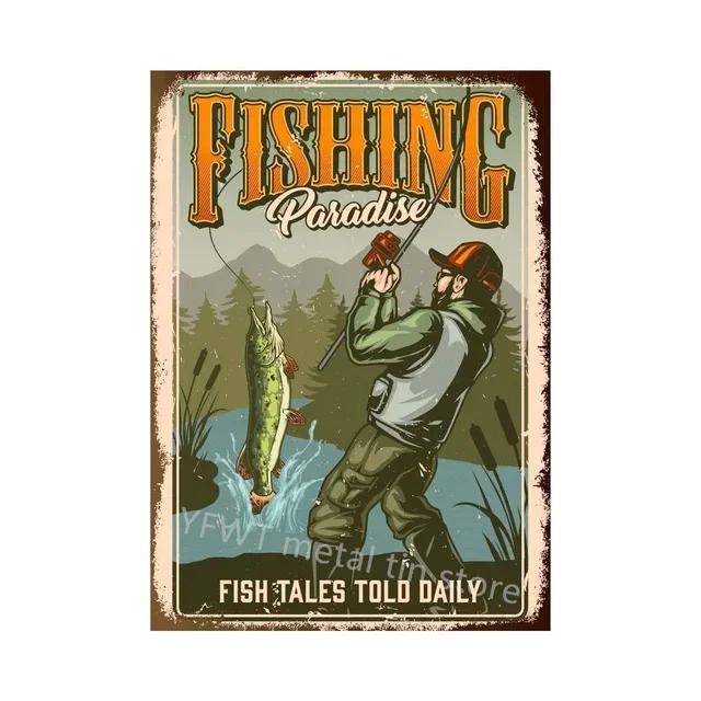 Vintage Fishing Rules Metal Tin Sign  Retro Wall Decor Plate for Farmhouse Cabin or Man Cave  Rustic Fishing Poster Plaque an