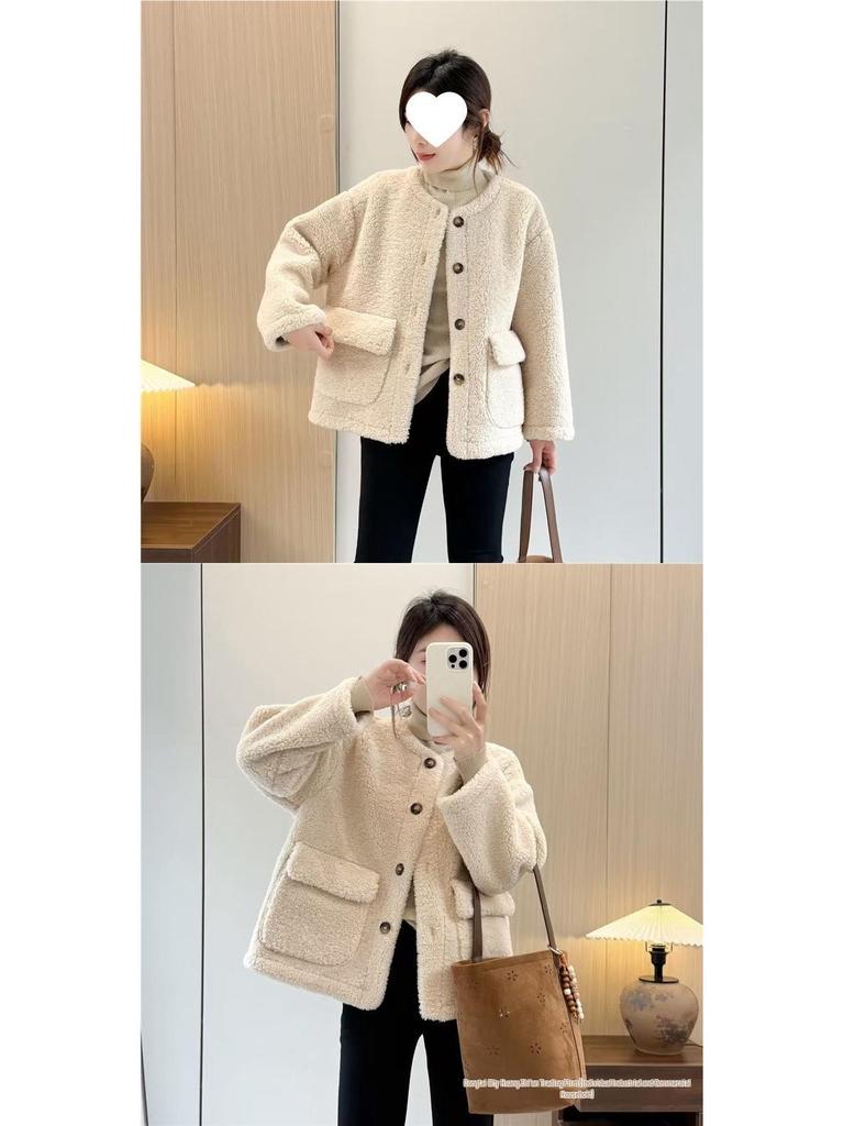 Women's Shearling Coat 2025 Autumn/Winter: Versatile Korean Style, Age-Reducing Loose Fit, Round Neck Top