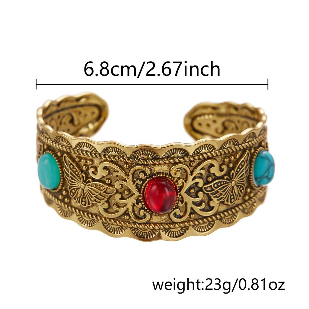 Vintage Elegancka Szeroka Bransoleta Rzeźbiona dla Kobiet Mężczyzn Boho Złoty Kolor Inkrustowana Turkusami Manżeta Biżuteria Osobowość Prezent