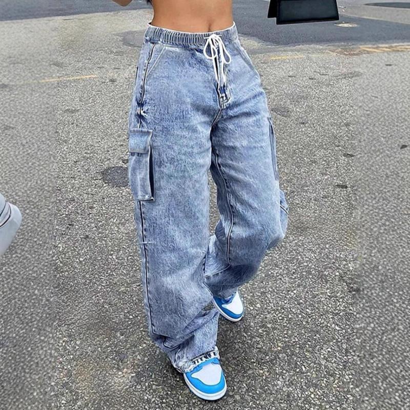 2026 Frühling/Sommer Neuer Trend Elastischer Bund Kordelzug Cargohosen Lässige Weitbeinige Jeans für Damen