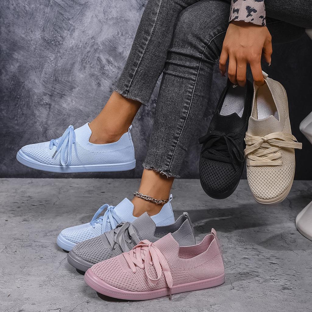 Women Sneakers Mesh Knitted Platform Sports Shoes Woman Breathable Casual Sneakers Women Non-Slip Lace Up Tennis Shoes Ladies