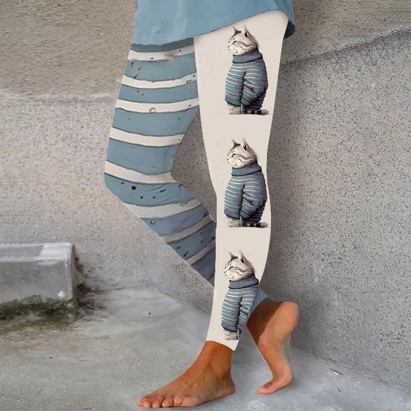 Women's High Waist Yoga Leggings Slim Fit Streetwear Cat Digital Print Stretch Fitness Workout Pants