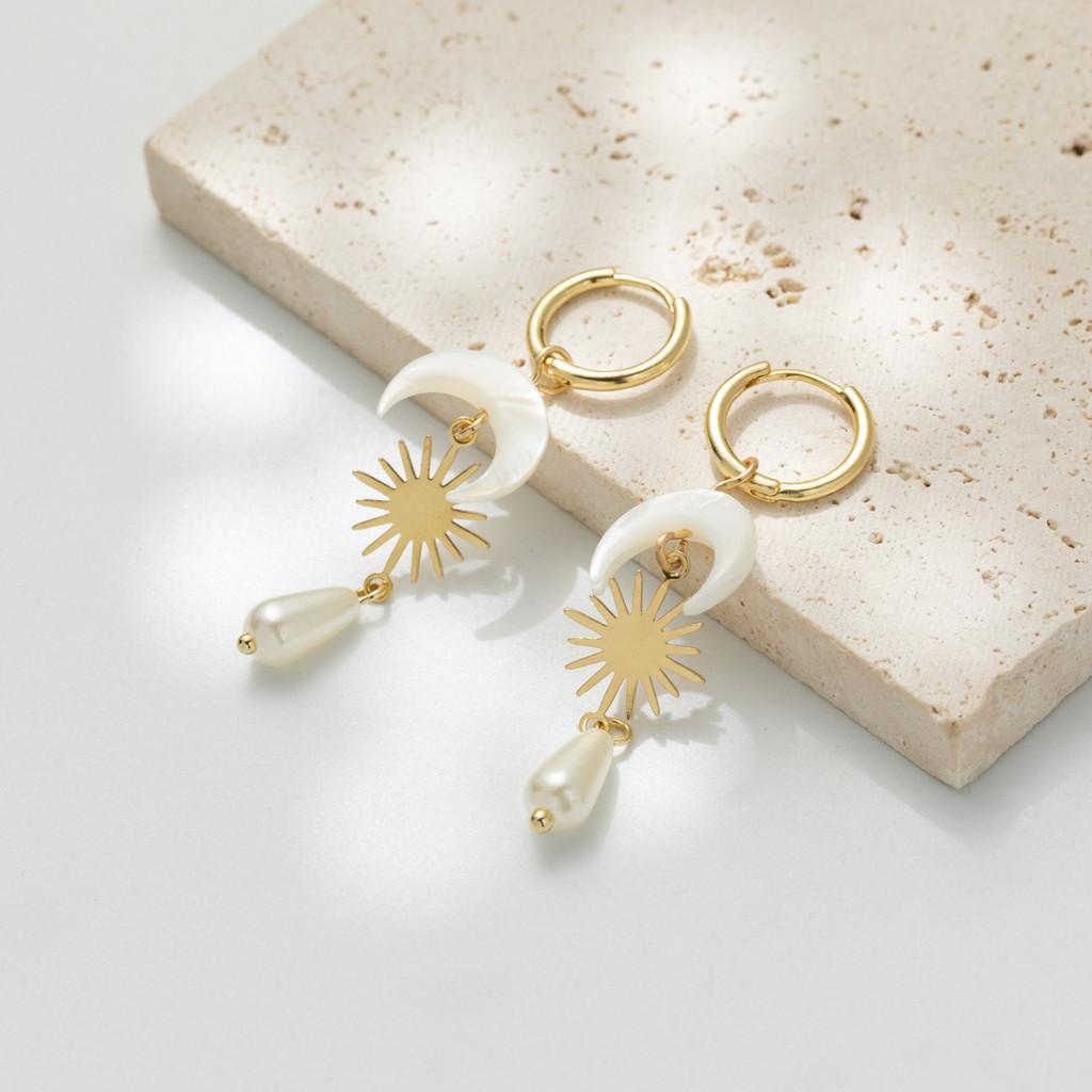 Plated Sophisticated Gold Moon Teardrop Earrings With Natural Shell