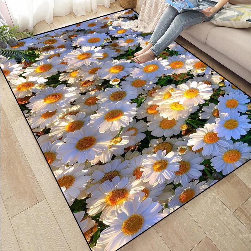 Rose Sunflower Daisy Peach Blossom Carpet Mat Colorful Flower Area Decorative Rugs for Room