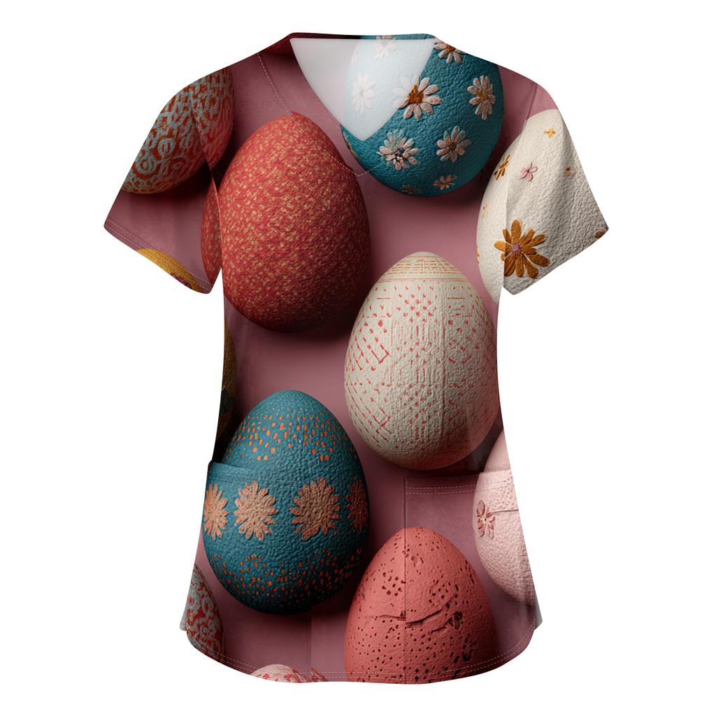 Women's Fashion V-Neck Short-Sleeved Workwear With Pockets Easter Print Top Caregiver Uniform