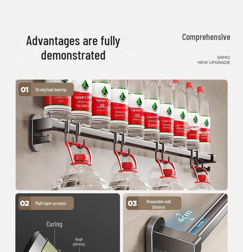 Raft de bucătărie fără găuri cu cârlige din aluminiu pentru spatule și linguri