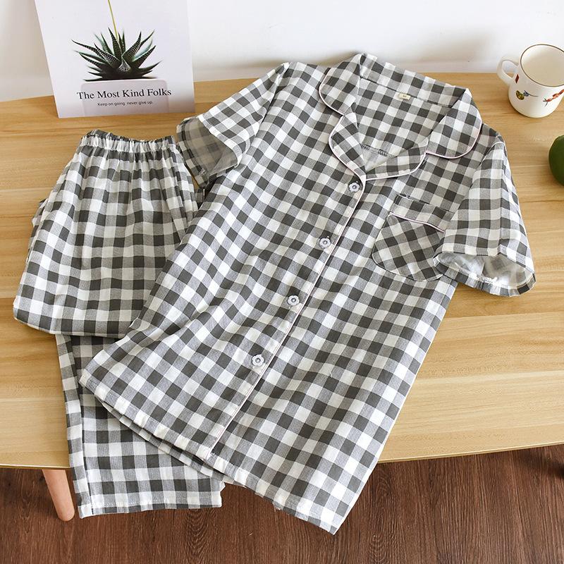 Couple plaid loungewear cotton gauze short-sleeved trousers pajamas women's thin men's spring and summer suit cotton yarn