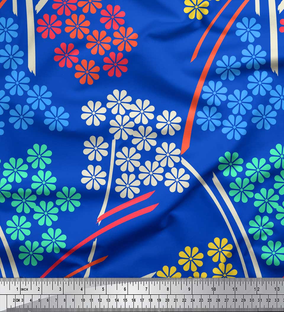 

Чорна японська креп-сатин Soimoi Тканина з художнім квітковим принтом на метри 42 дюйми 42 Inch Wide - Poly Crepe синій