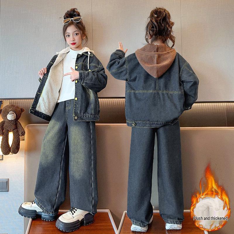 2025 Girls' Fleece-Lined Denim Two-Piece Set - Trendy Autumn/Winter Fashion for Middle and Big Kids