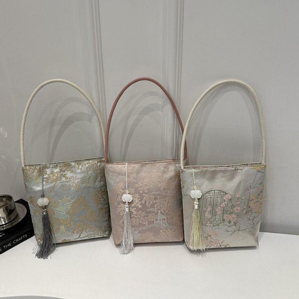 Large Capacity New Chinese Style Handbag Handbag Flower Underarm Bag Hanfu Bucket Bag  Girls