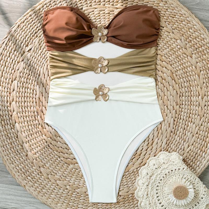Nieuw eendelig bikini hol badpak vrouwelijk sexy rugprint bandeau top metalen decoratie