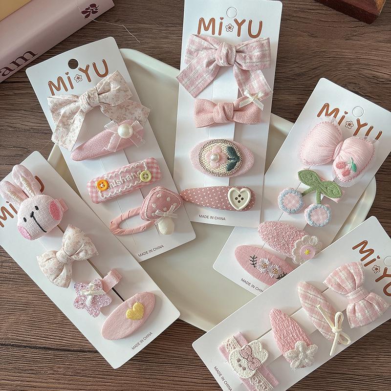 4pcs/set Pink Hairpins Sweet Fabric Bow Children's Hair Clips Hairgrips Girls Bangs Side BB Clip Kids Headwear Hair Accessories