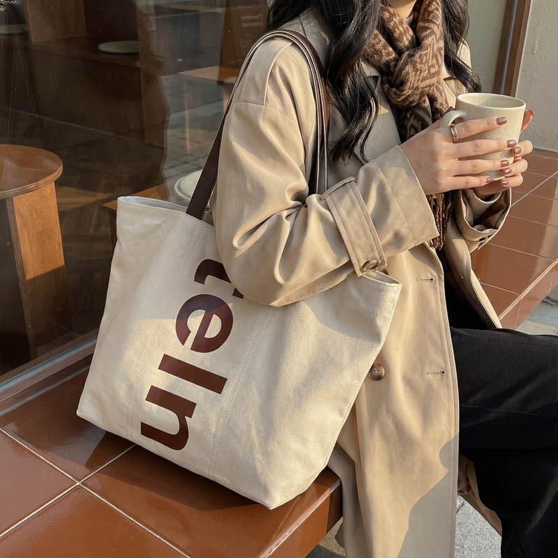 Korean Shoulder Bag Large Capacity Canvas Tote Bag for Women with Letter Print Comfortable and Versatile Texture Storage Bags