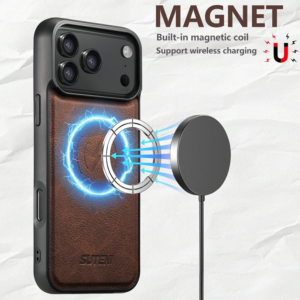 SUTENI G5 For iPhone 17 Pro Max Case Compatible with MagSafe Litchi Texture Leather Back Cover