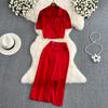 Ladies Suit Retro Lapel Loose Puff Sleeve Short Suit Jacket Two Piece High Waist Slit Skirt