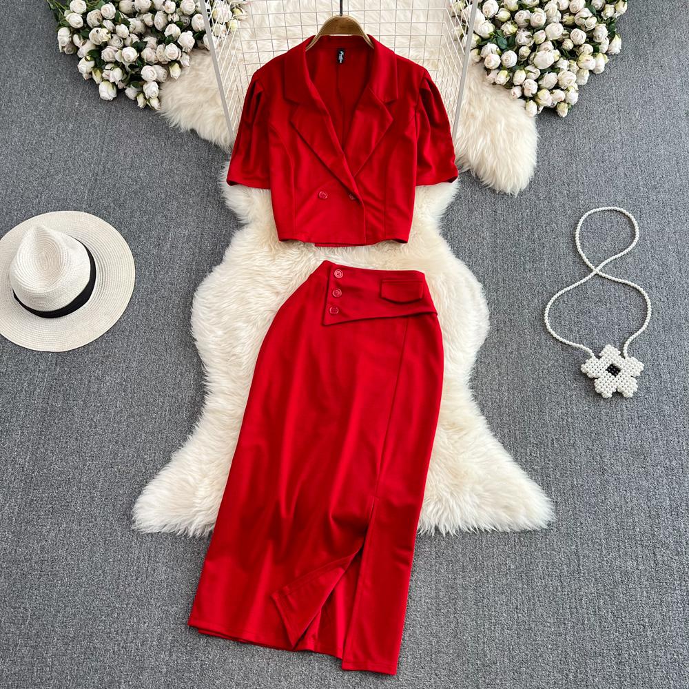 Ladies Suit Retro Lapel Loose Puff Sleeve Short Suit Jacket Two Piece High Waist Slit Skirt