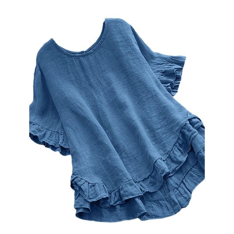 Loose Ruffled Short-Sleeve Top Solid Loose Ruffle Sleeve Short Sleeve Button Top