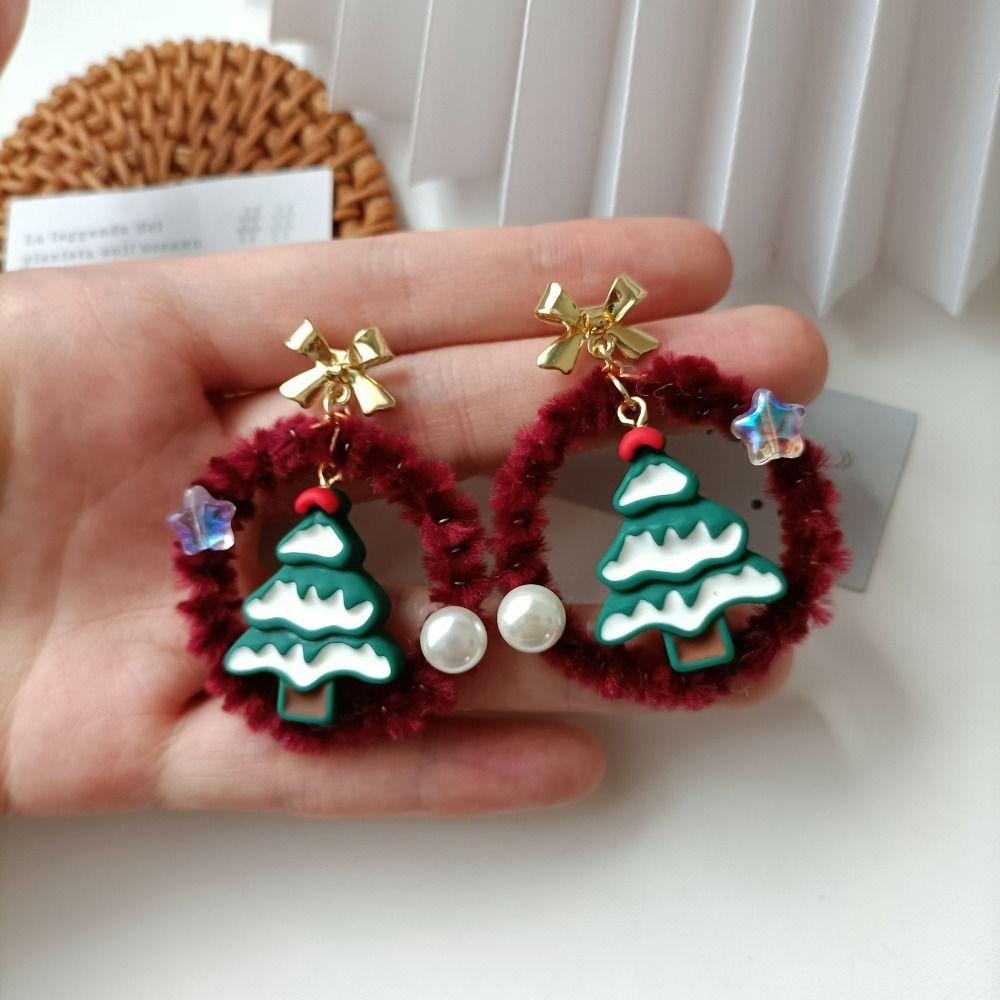 Retro Mistletoe Christmas Earrings Bowknot Heart Ear Studs Sweet Plush Xmas Pendant  Unisex
