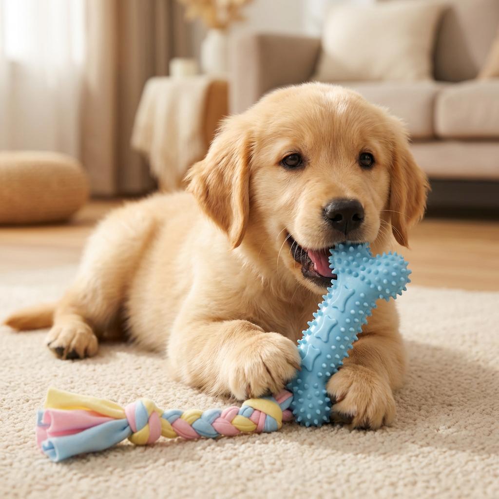 Puppy Teething Chew Toys, Non-Toxic TPR Dog Bone & Ring Toys with Rope, Durable & Bite Resistant for Small Medium Breeds