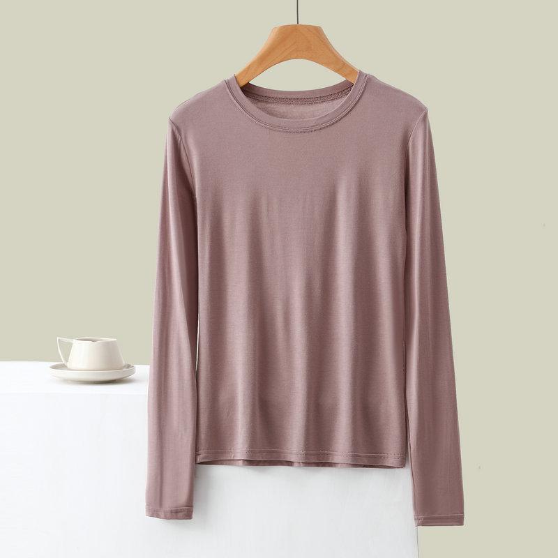 Women's Crew Neck Long Sleeve Tee Slim Fit Commuter Casual Top Solid Rayon Spandex Summer Undershirt Basic Layering Shirt